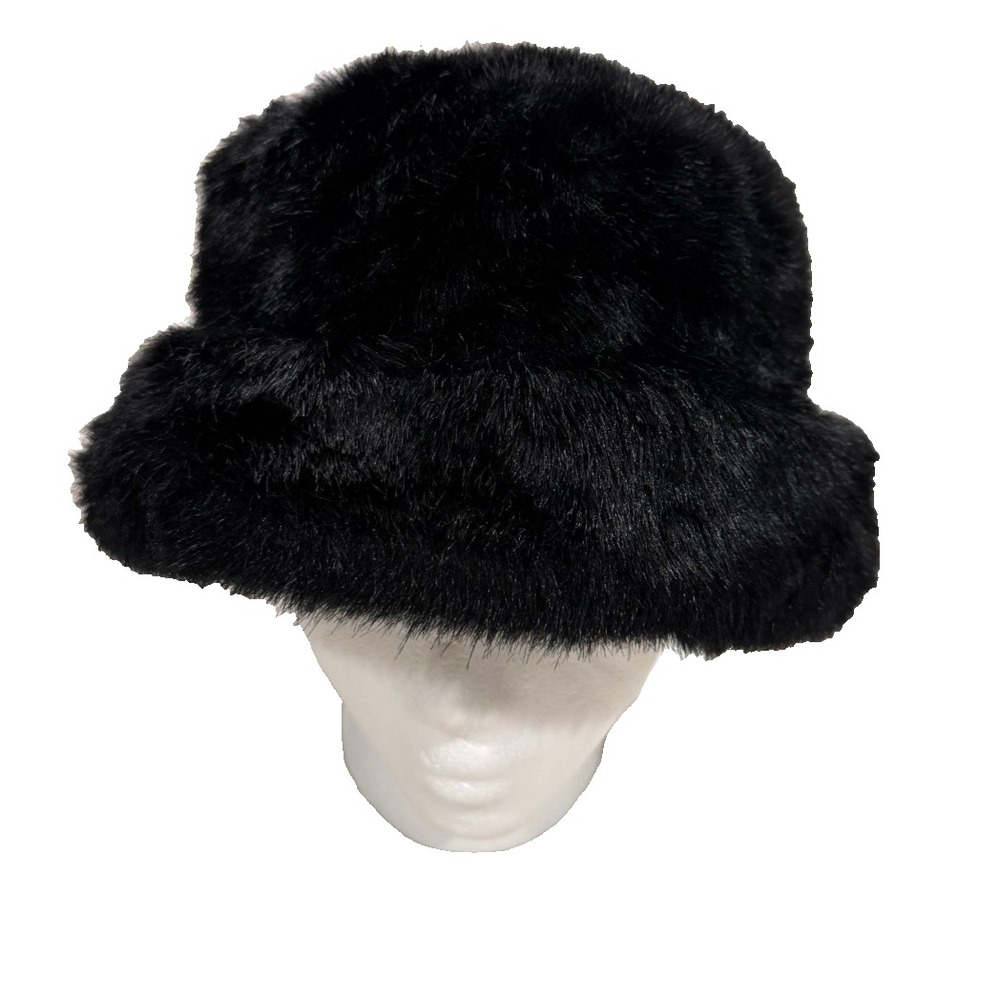 Laura Ashley Vintage Black Faux Fur Bucket Hat 90s Plush Fuzzy Winter